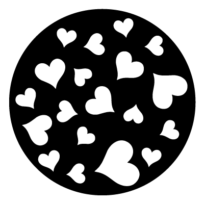 Multiple white hearts in different sizes and orientations on a black circle gobo.