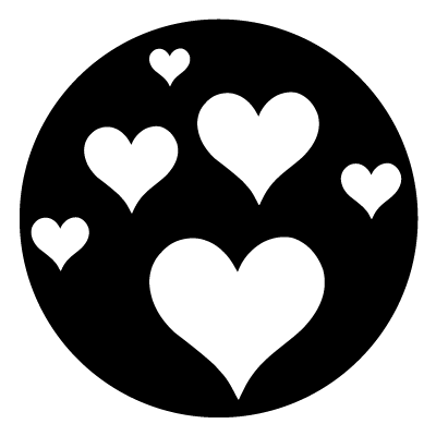 Six white hearts in different sizes on a black circle gobo.