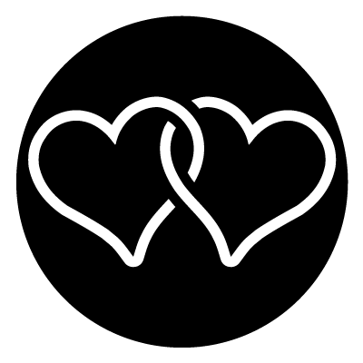 Two white intertwined heart outlines on a black circle gobo.