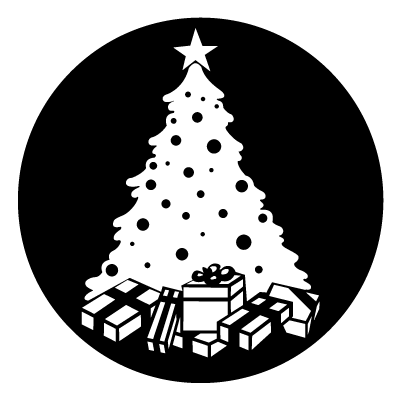 White silhouette of a Christmas tree with presents underneath gobo.