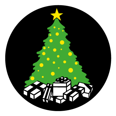 Green and yellow Christmas tree with presents underneath gobo.