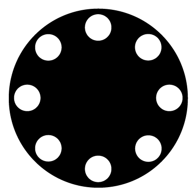 8 white circles in a circular formation with one circle in the centre on a black circle gobo.