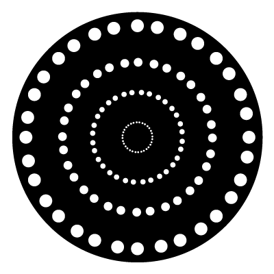 32 white circles in a circular formation, repeated 4 times smaller and smaller towards the centre on a black circle gobo.