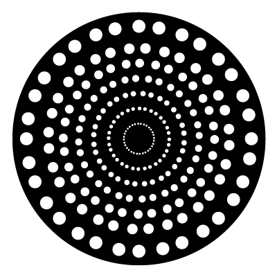7 rings of smaller white dots in decreasing sizes towards the centre on a black circle gobo.