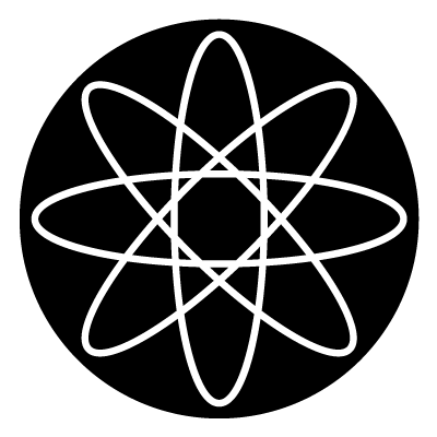 Thin white atom symbol on a black circle gobo.
