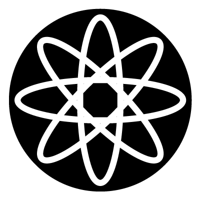 White atom symbol on a black circle gobo.
