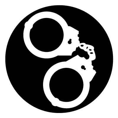 White silhouette of a pair of handcuffs on a black circle gobo.