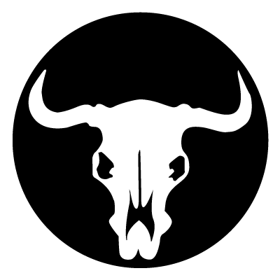 White silhouette of a cow skull on a black circle gobo.