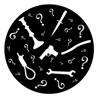 White silhouettes of a gun, dagger, noose, spanner, candlestick and stick surrounded by white question marks on a black circle gobo.