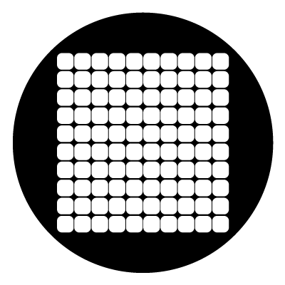 10x10 grid of white rounded cornered squares on a black circle gobo.