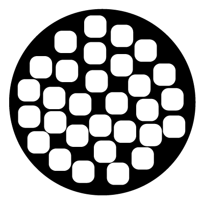 Random pattern of multiple rounded cornered white squares on a black circle gobo.