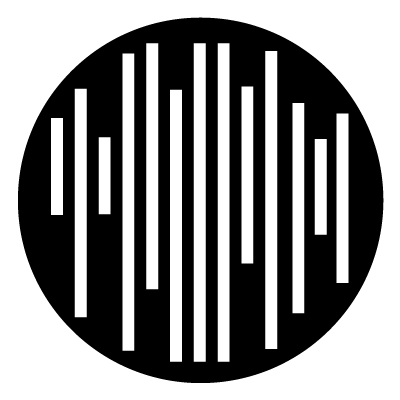 White vertical lines of varying lengths on a black circle gobo.