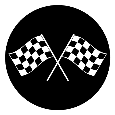 Two black and white chequered flags on a black circle gobo.