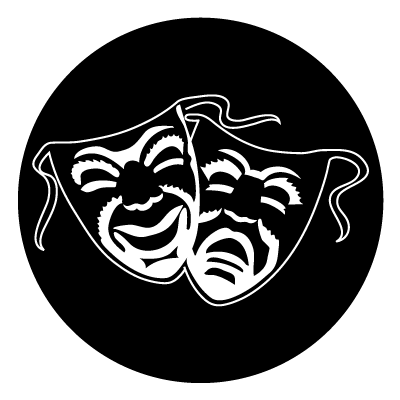 White outline silhouettes of comedy and tragedy masks on a. black circle gobo.