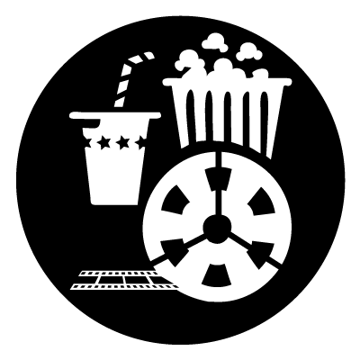 White silhouette of a movie reel, popcorn and a drinks cup on a black circle gobo.