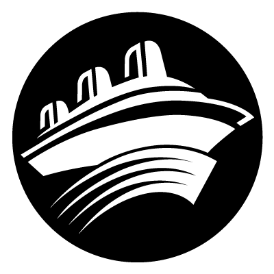 White silhouette of a cruise liner on a black circle gobo.
