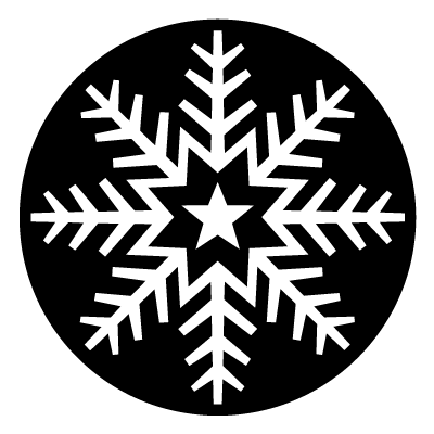 White 8 pointed snowflake with a star in the centre on a black circle gobo.
