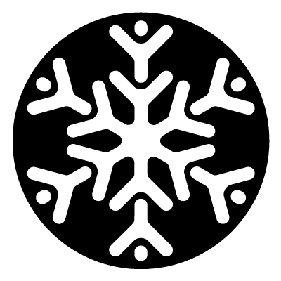 White rounded 6 pointed snowflake with small circles on a black circle gobo.