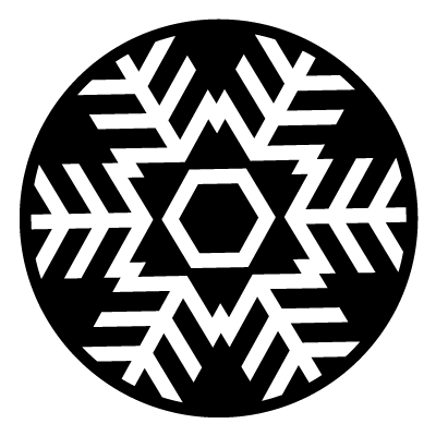 White angular snowflake on a black circle gobo.
