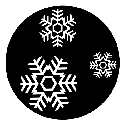 3 white snowflakes arranged in different orientations on a black circle gobo.