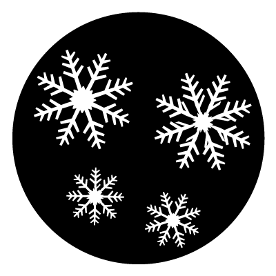 4 white snowflakes arranged in different orientations on a black circle gobo.