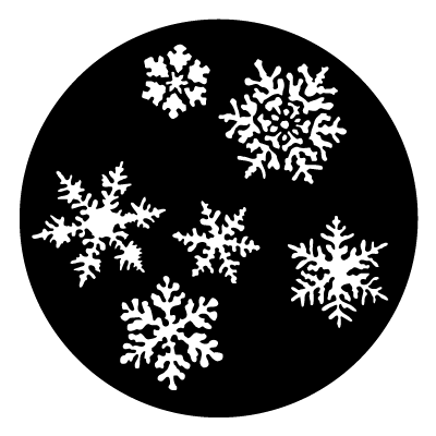 Various orientations of white snowflakes on a black circle gobo.