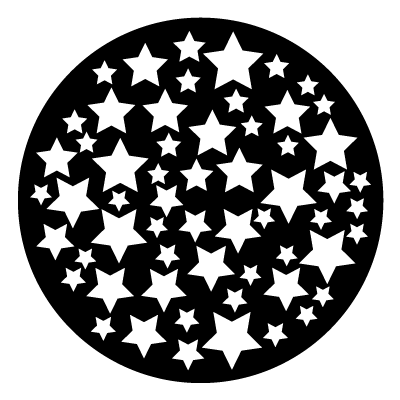 Multiple white stars in various sizes on a black circle gobo.