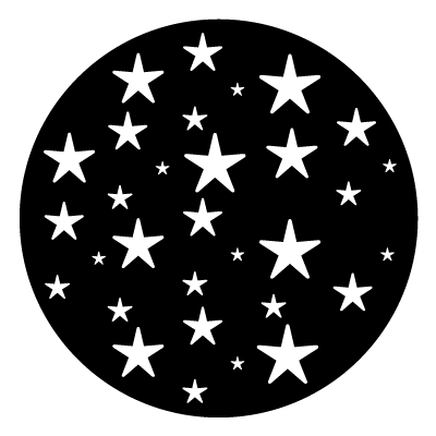 White scattered white stars in large and small sizes on a black circle gobo.