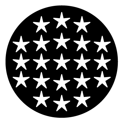 White stars in varied sizes and orientations on a black circle gobo.