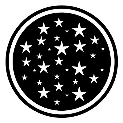 White stars of varied sizes in a random pattern inside an outline of a circle on a black circle gobo.