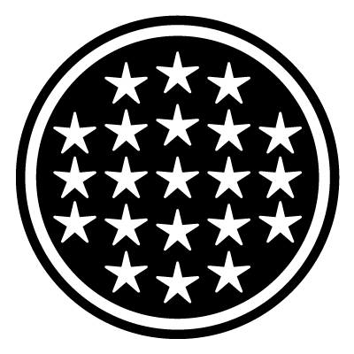 White circle outline with rows of stars in the centre on a black circle gobo.