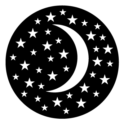 White crescent moon surrounded by stars on a black circle gobo.