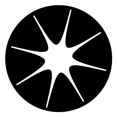 White 8 pointed star with curved points on a black circle gobo.