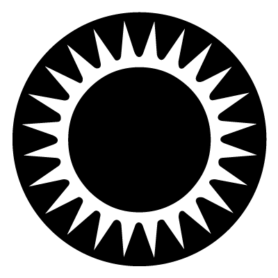 White stylised sun with a black circle in the centre on a black circle gobo.
