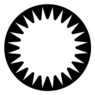 White stylised spiked sun on a black circle gobo.