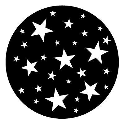 White stars in varied sizes and orientations on a black circle gobo.