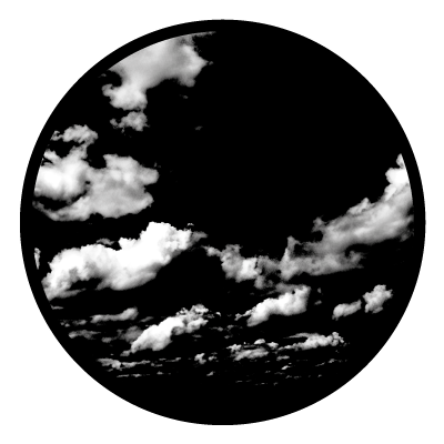 Greyscale image of sparse clouds on a black circle gobo.