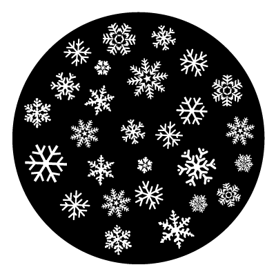 Assortment of different shaped and sized snowflakes on a black circle gobo.