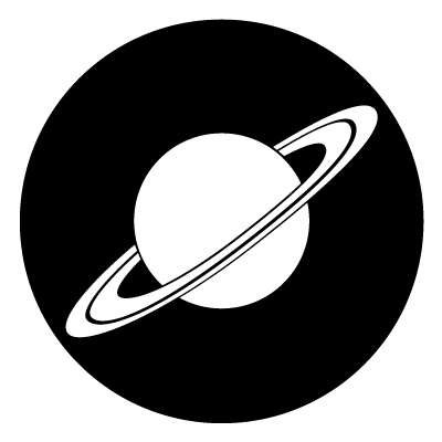 White silhouette of Saturn on a black circle gobo.