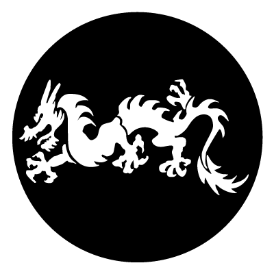 White silhouette of a Chinese dragon on a black circle gobo.