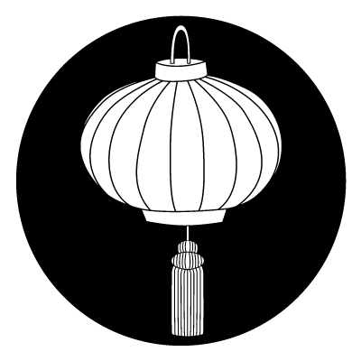 White silhouette of a Chinese paper lantern with tassel on a black circle gobo.