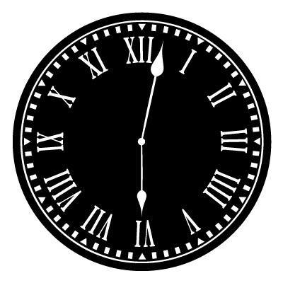 White outline of a clock face with roman numeral numbers on a black circle gobo.