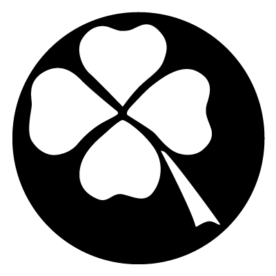 White silhouette of a four leaf clover on a black circle gobo.