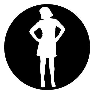 White silhouette of a girl in a dress with hands on hips on a black circle gobo.
