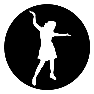 White silhouette of a girl in a dress with arms in the air on a black circle gobo.