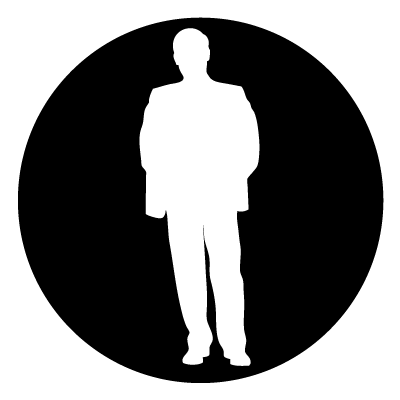 White silhouette of a man in a suit on a black circle gobo.