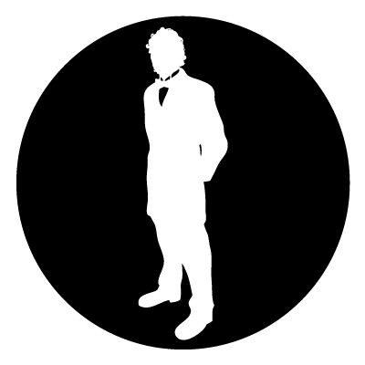 White silhouette of a man in a tuxedo on a black circle gobo.