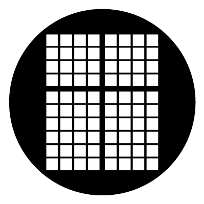 Black circle with a window design in white. The window consists of two 4x4 square grids at the top and a 4x6 grid below each of these.
