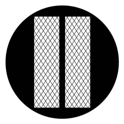Two white rectangle windows with black cross hatching design inside. On a black circle.