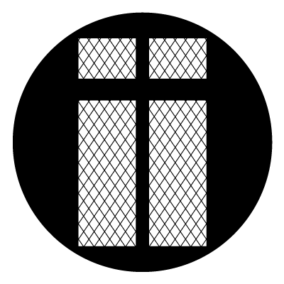 White window with black cross hatching pattern. There is a black cross across this to make 2 smaller windows at the top and 2 larger windows below these.
